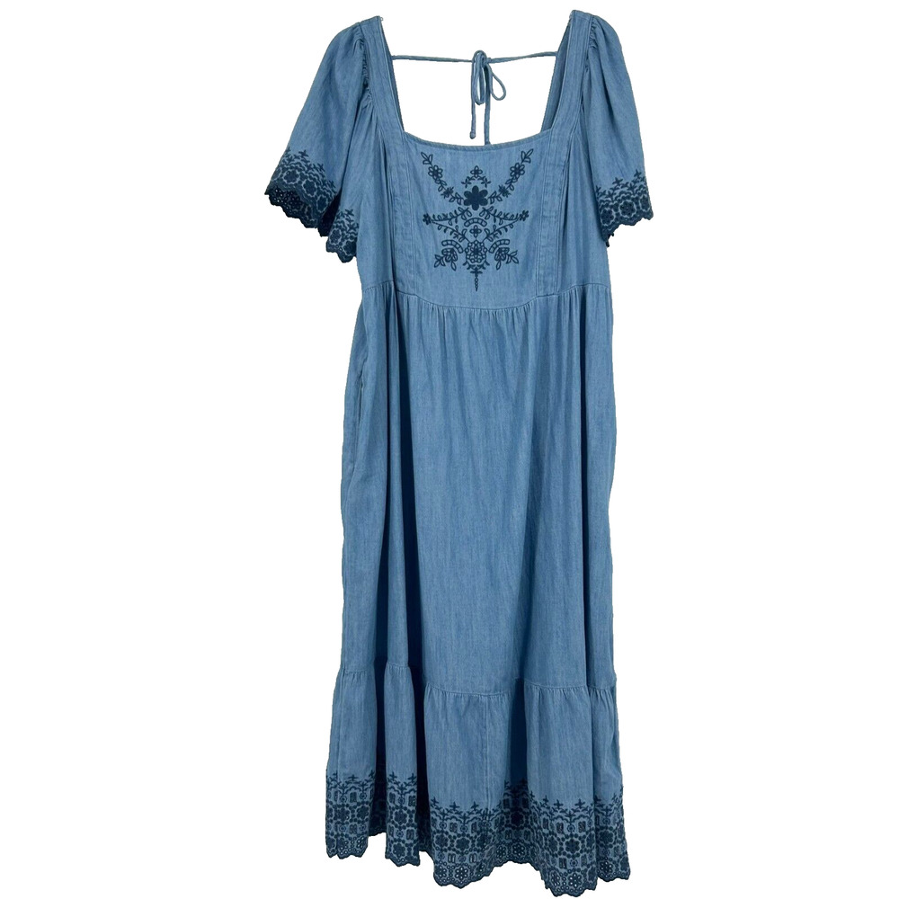 NEW Old Navy Denim Tiered Midi Dress Boho Embroidered Pockets Smocked Size XL